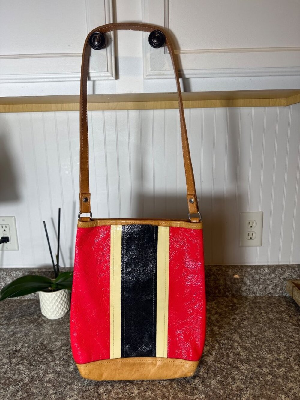 Vintage Red Black & Yellow Faux Leather Shoulder Bag With Adjustable Strap And R